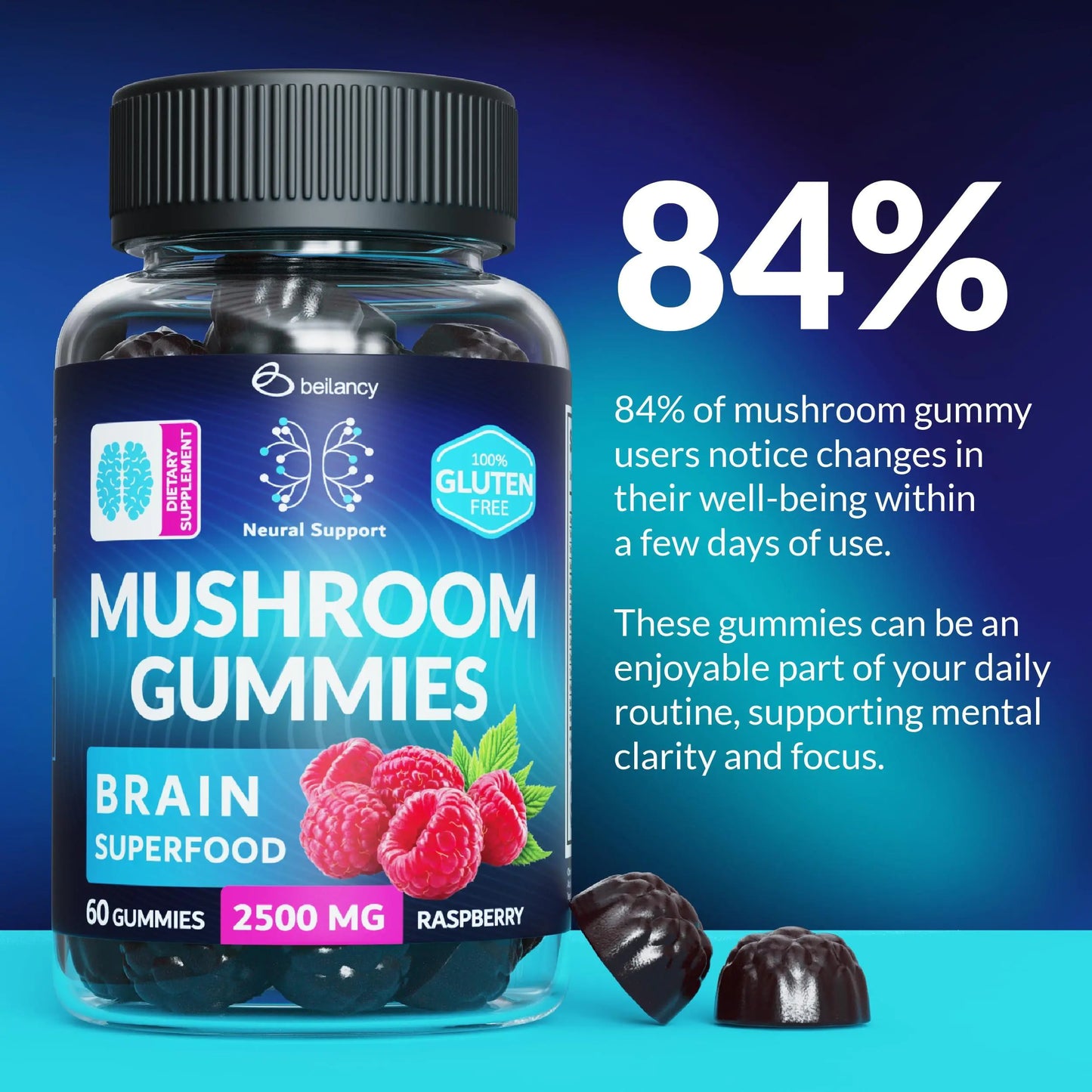 Mushroom Gummies Lion's Mane and Reishi for Cognitive Clarity 60 Gummies
